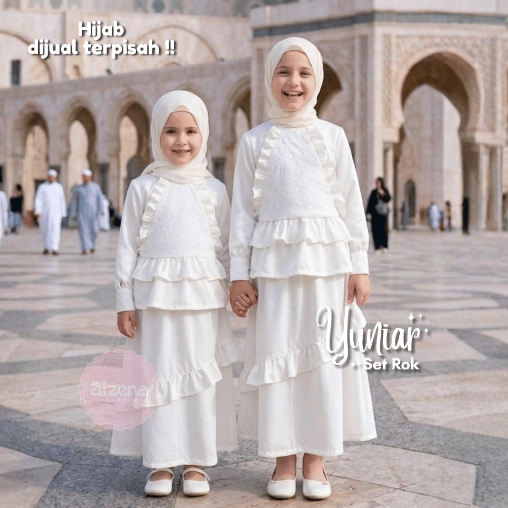 Alzena Kids Moslem - Gamis Anak Perempuan Putih Premium Set Rok & Atasan Yuniar