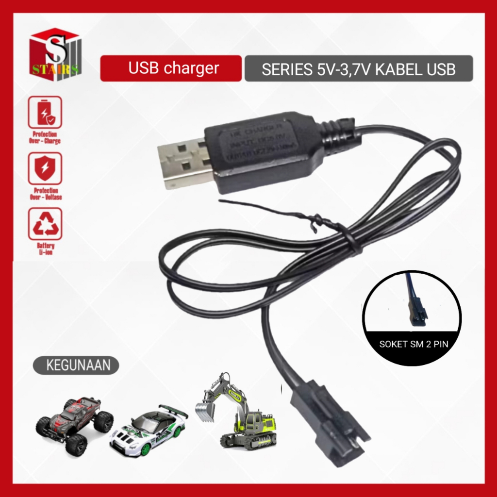 Kabel Cas Mobil RC Model USB Soket Hitam 2Pin Panjang Kabel 50Cm
