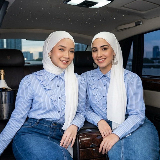 atasan wanita kemeja salur biru muda Blus Wanita Garis Lengan Panjang