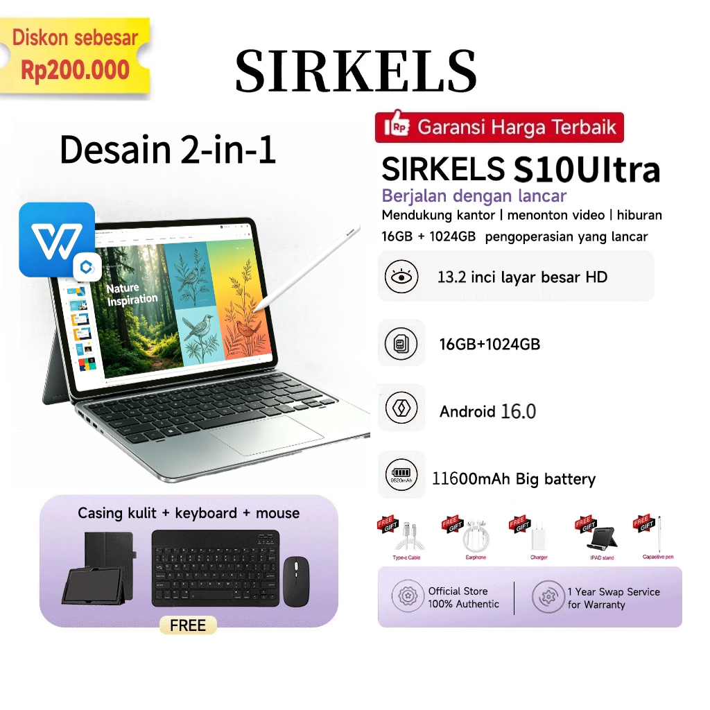 Sirkels Tablet S10UItra (16GB+1024GB)Android16 |Processor S565 Chip| DisplayI120Hz | 13.2inch"lPS Sc