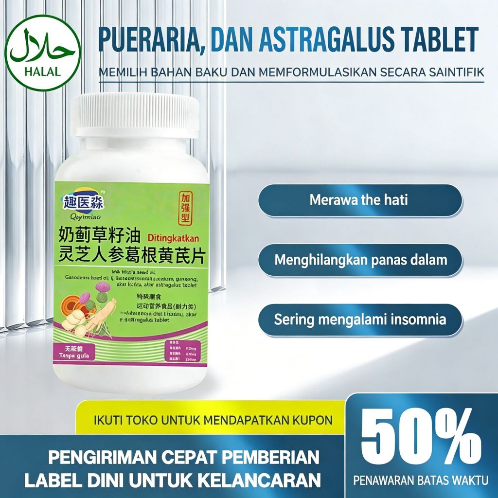 Diskon 50% / Milk thistle, Ganoderma lucidum, ginseng, akar kudzu, astragalus, tablet alami, melindu