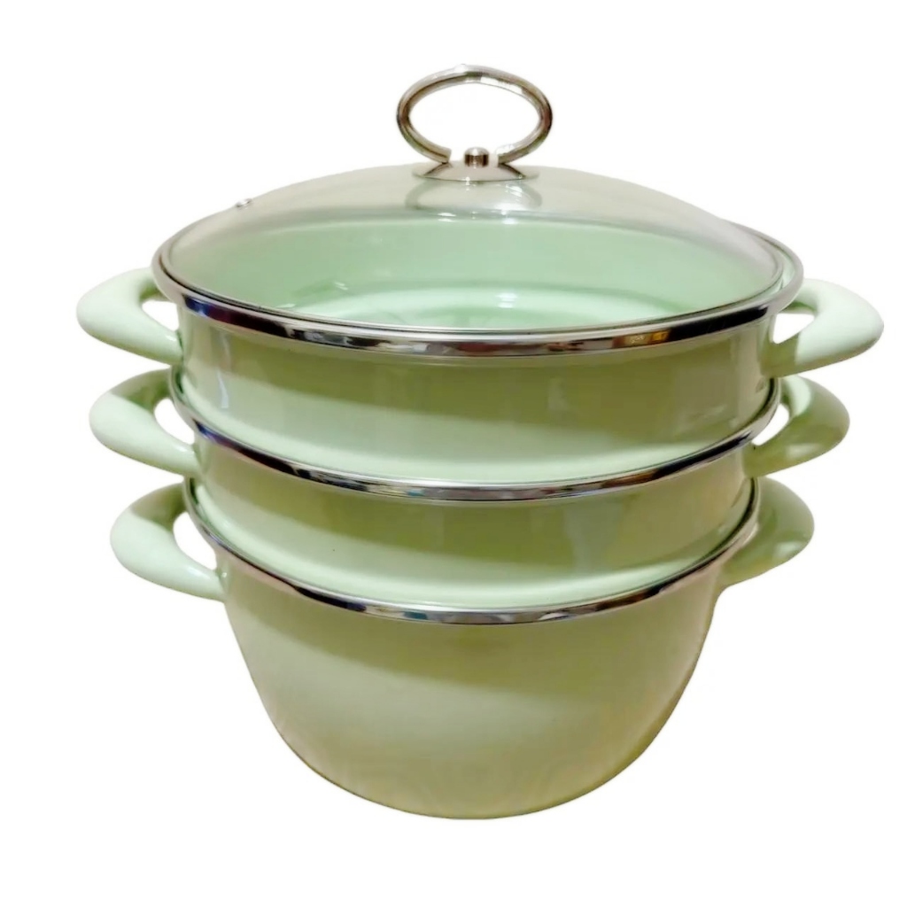 Panci Enamel Steamer / Kukus Multi fungsi susun dengan Tutup Kaca Diameter 24 cm