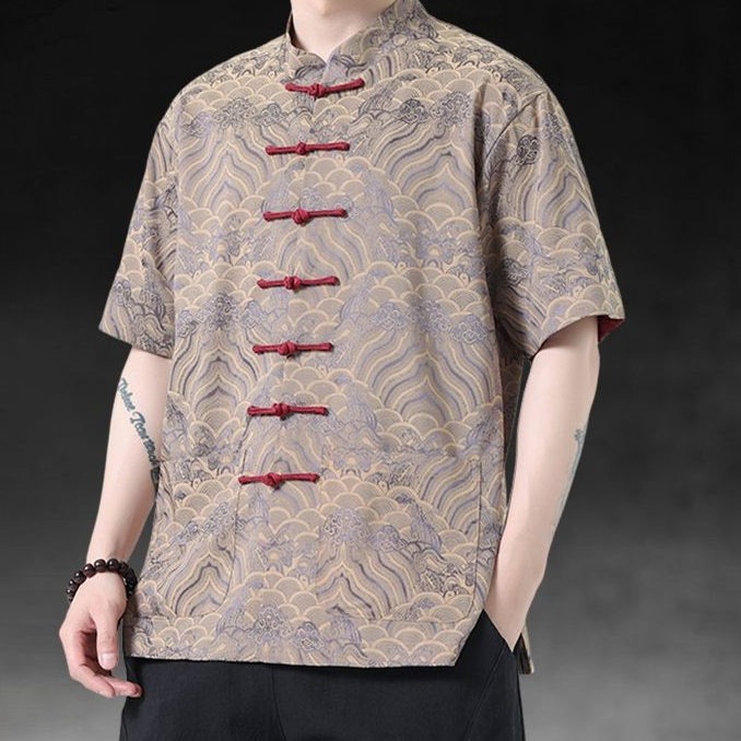 Summer New Style Tang Suit Men's  Style Satin Short Sleeve Shirt