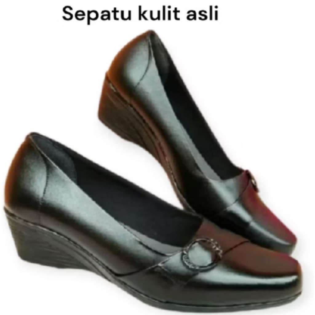 Sepatu kulit wanita pantofel hitam murah hak 5 cm
