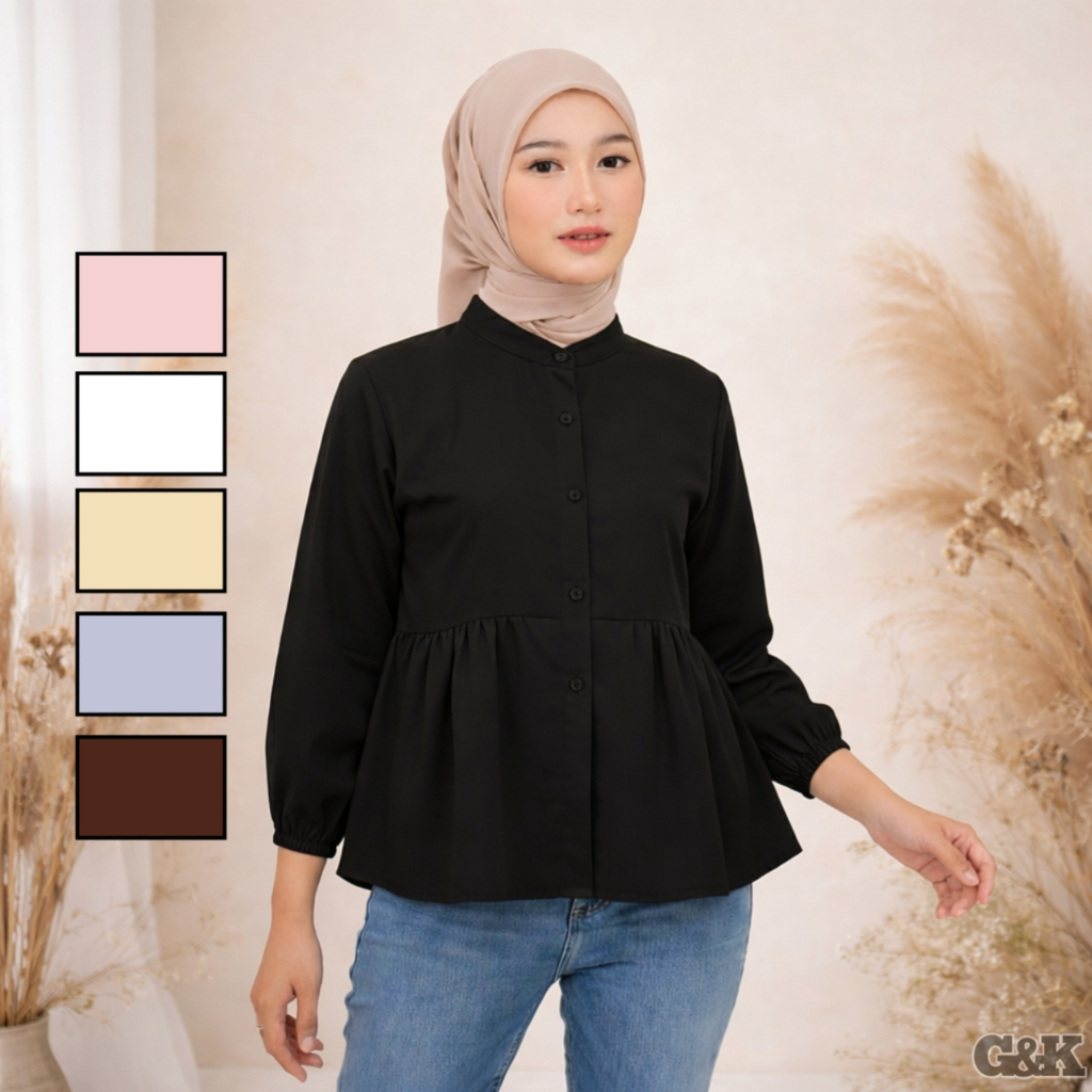 Kemeja Blouse Wanita Premium Polos Lengan 3/4 Katun Linen Rami Kekinian Formal Casual Kerja Kantor A