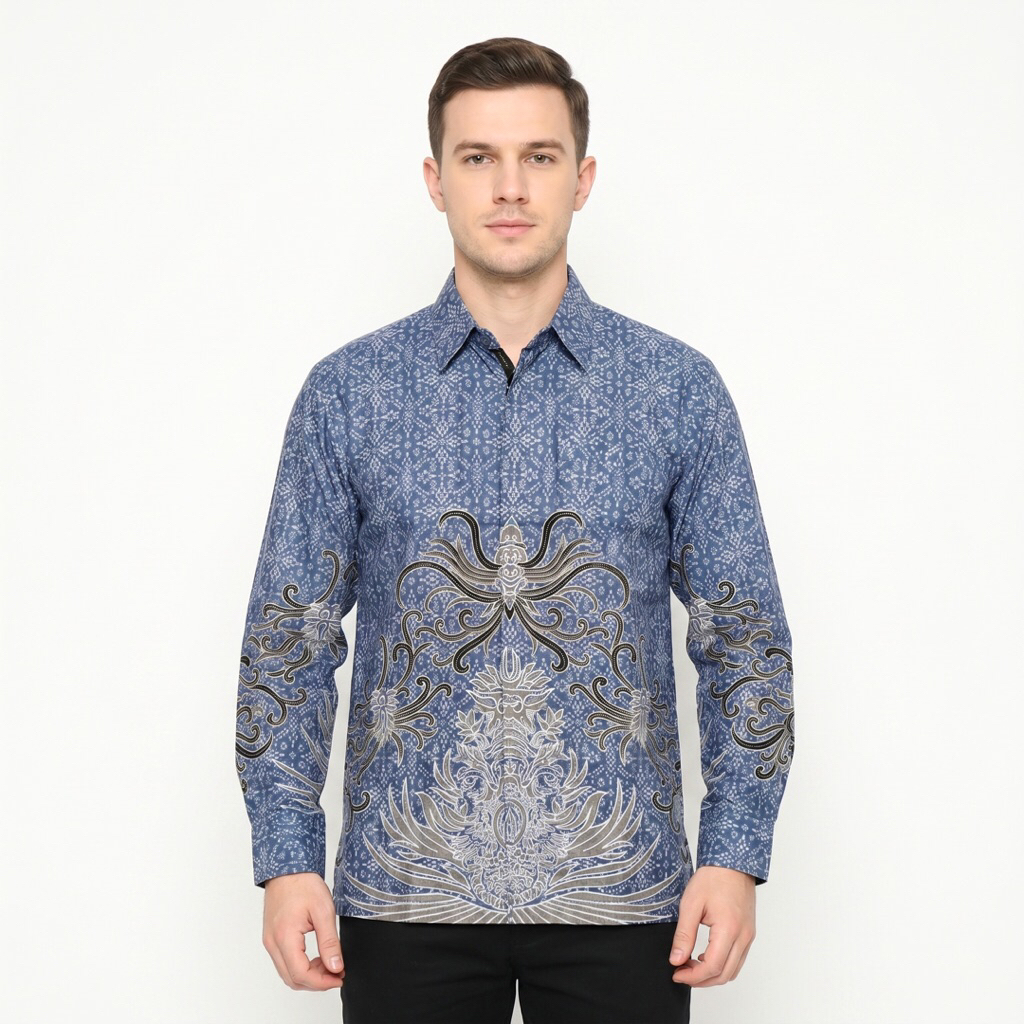 |Magnus| Kemeja Batik Pria Lengan Panjang Bahan Katun 40S Lapis Furring Arrow Warna Biru Denim