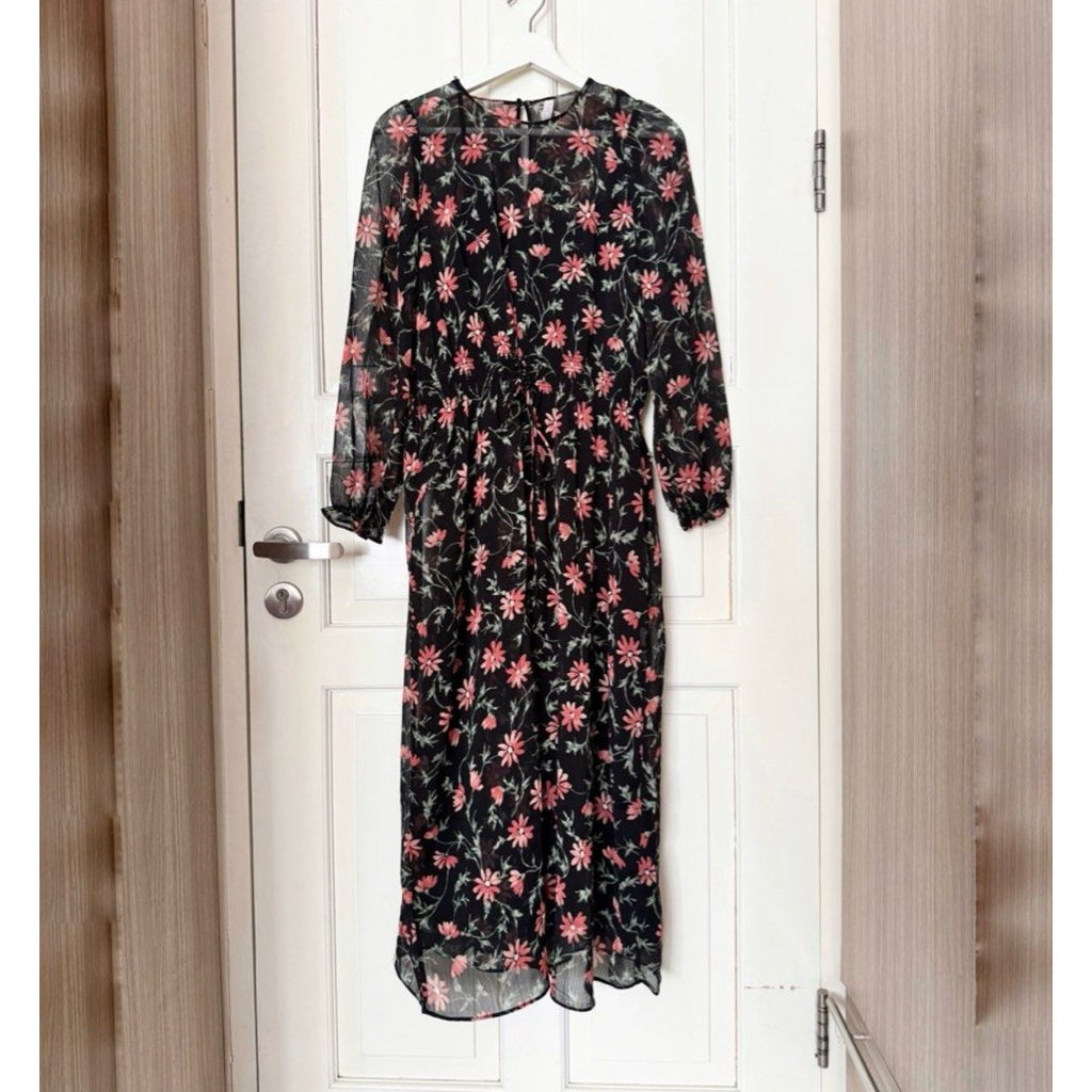 ZARA Flower Midi Dress Long Sleeve - Gaun Bunga Lengan Panjang - preloved