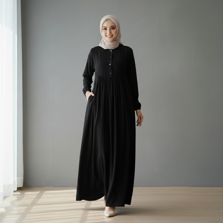 gamis rayon twill hitam polos dress haji dan umroh depan kancing busui