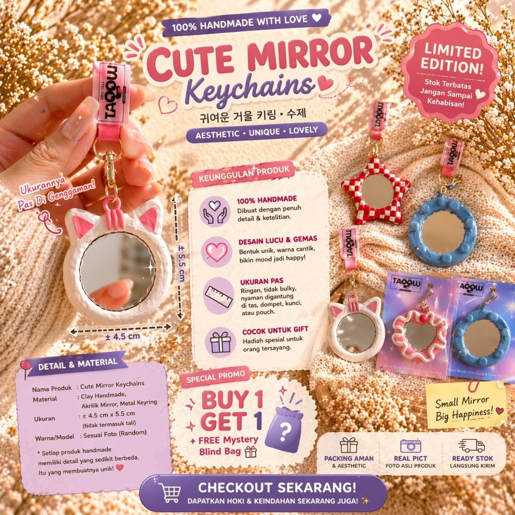 Gantungan Kunci Cermin Mini Handmade Air Dry Clay | Cute Mirror Keychain Aesthetic | Custom Gantunga