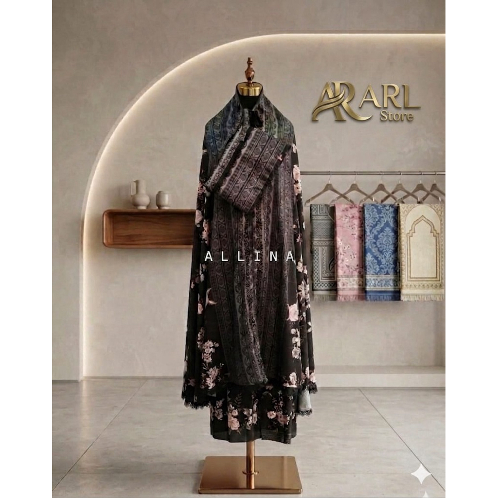 ALLINA Mukena One Set Silk Premium Motif Bunga Warna Hitam