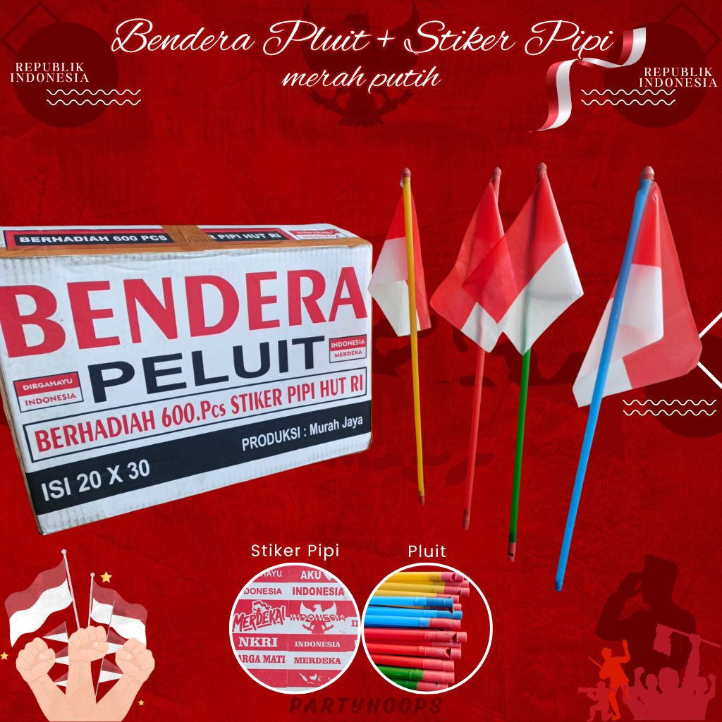 GROSIR 1DUS Bendera Pluit Gratis Stiker Pipi | Bendera Tangkai Merah Putih | Bendera Plastik Merah P