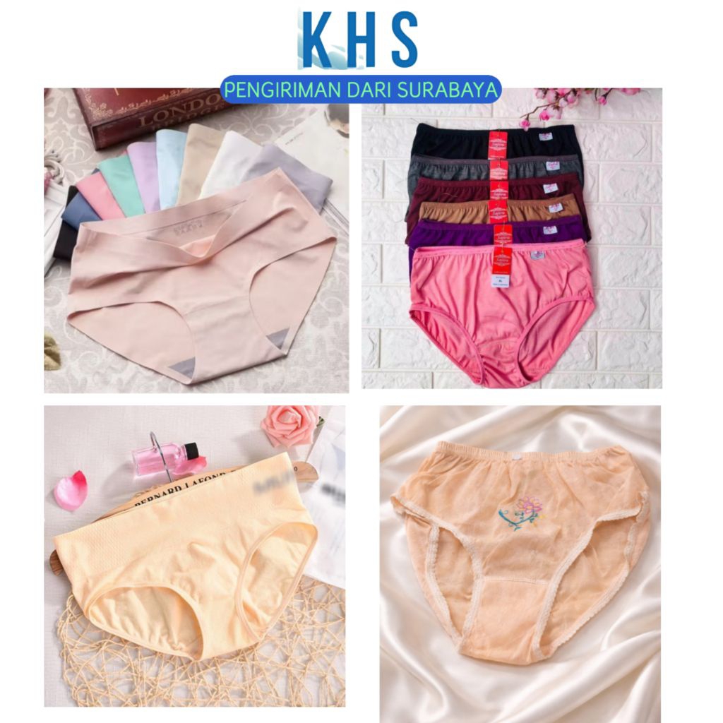 Celana Dalam Wanita CD Cewek Brief Seamless Mid Waist Jumbo Motif Polos Underwear