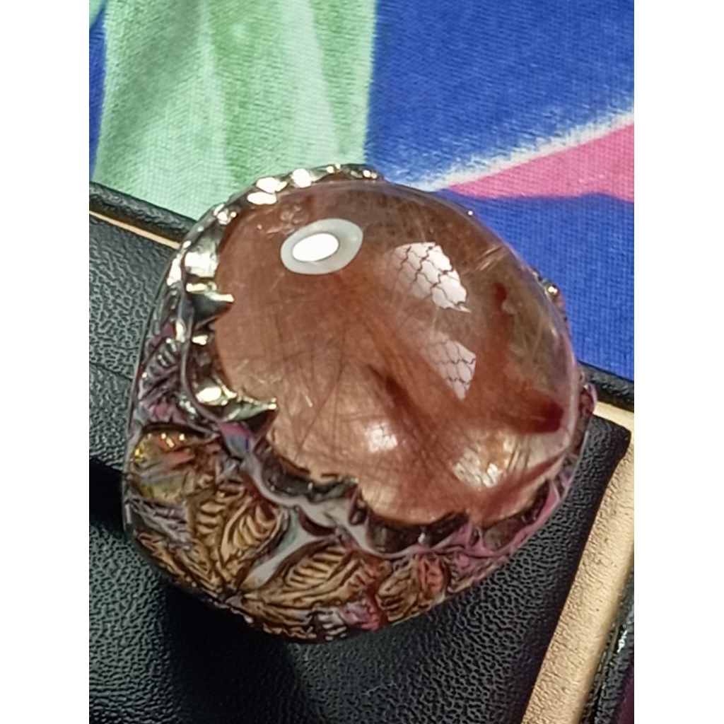 LANGKA (RARE ITEM) Cincin Mata Batu Natural Rutilated Quartz Antik 2 Rambut (Emas dan Merah) Big Siz