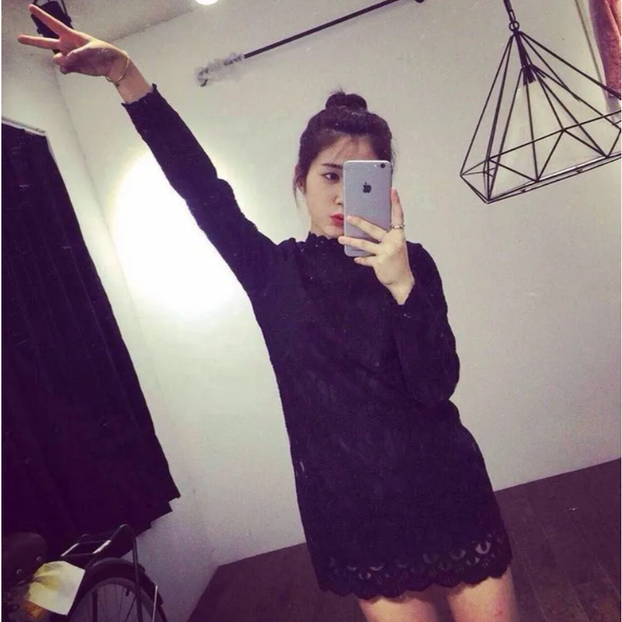 Namirazka Dress Mini Brokat Hitam Wanita Lengan Panjang Elegant Slim Fit Party Night