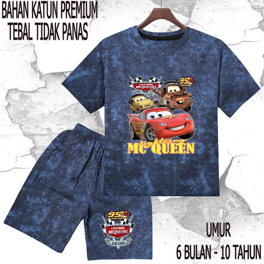 setelan baju anak - anak mobil mcqueen 1 umur/tahun 6 bulan - 10 tahun bahan katun premium sablon DT