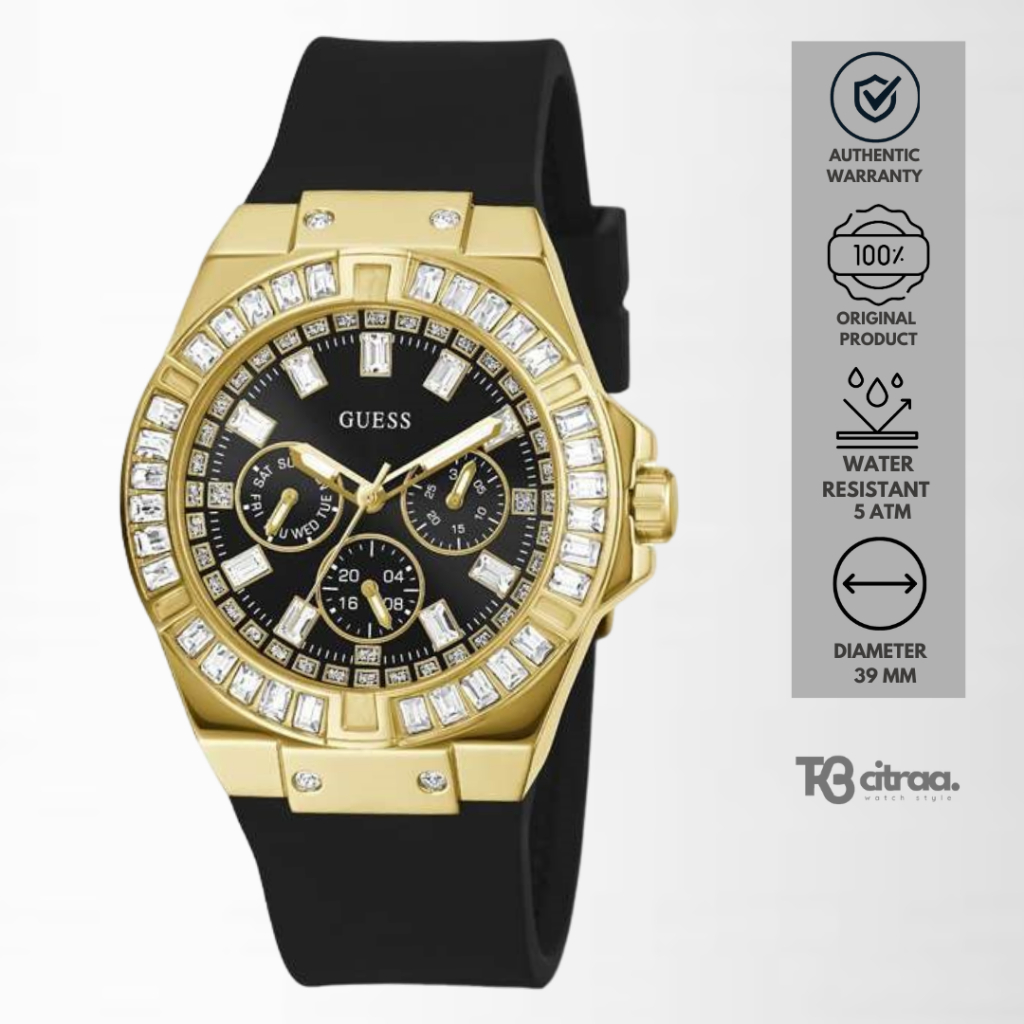 Jam Tangan Wanita Guess Chronograph Rubber Black Gold Case Mewah Casual Original GW0118L1