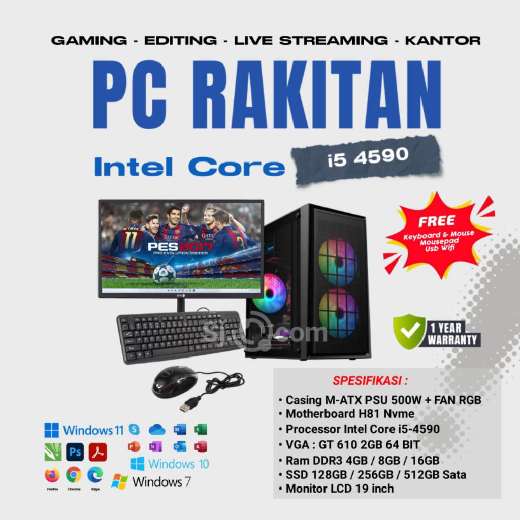 PC KOMPUTER FULLSET CORE I5 - 4590 CASING RGB/RAM 16GB/ SSD 256GB + VGA GT 610 BARU.