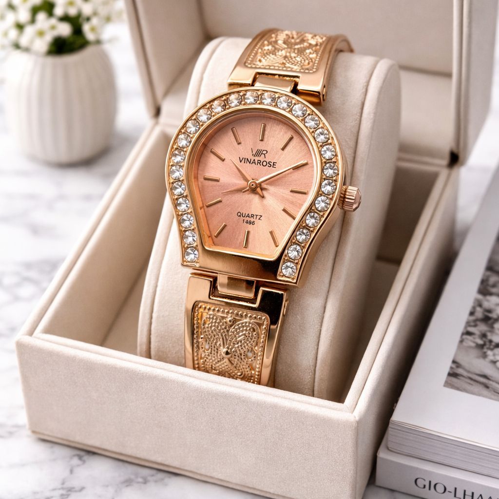 Vinarose Jam Tangan Wanita Rose Gold Elegan Diamond Luxury Quartz Anti Karat