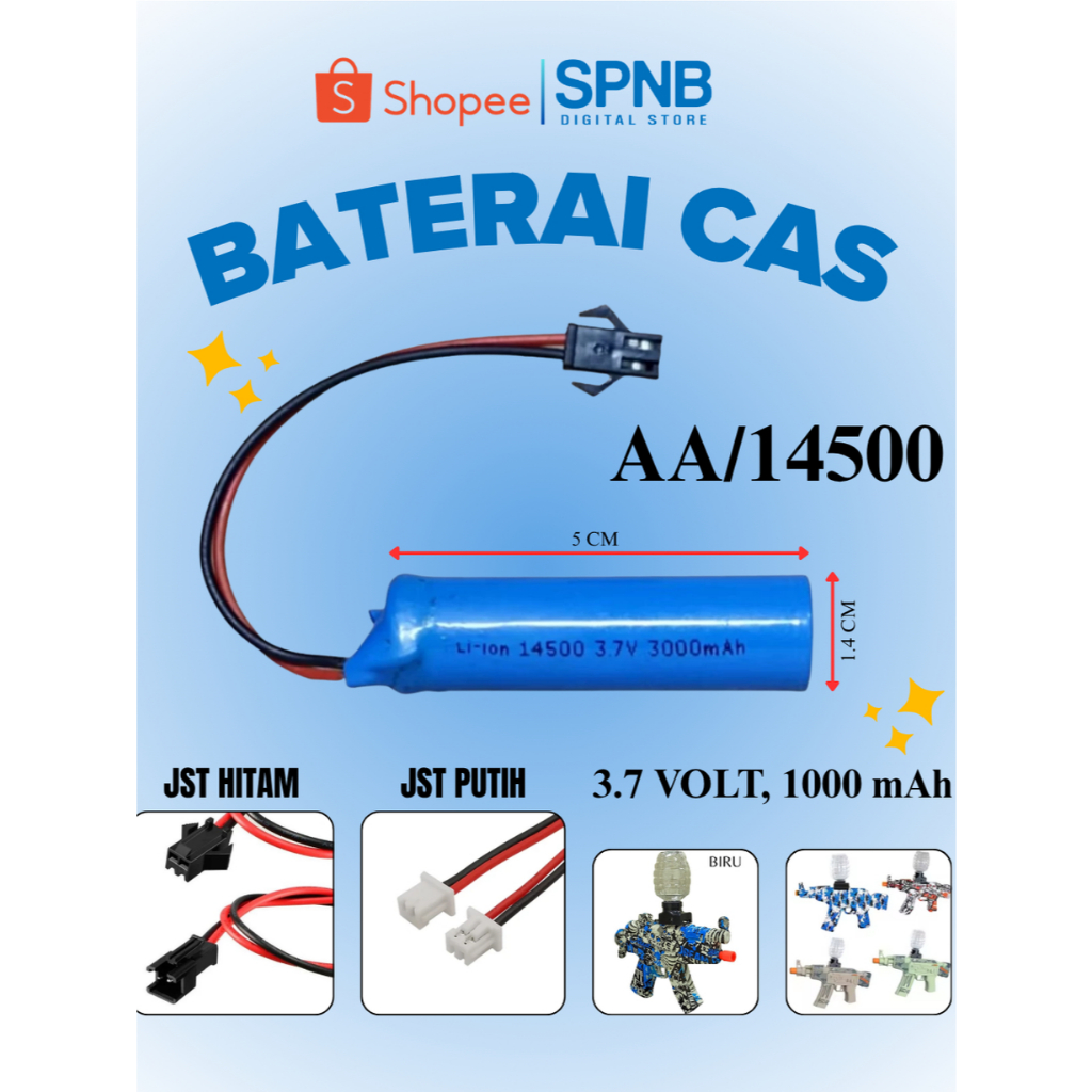 Baterai Cas mainan anak, water gell blaster, RC 3.7V~4.2V type 14500 500mAh soket JST HITAM/PUTIH 2p