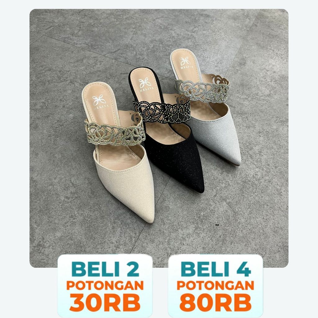PROMO SEPATU Sepatu Wanita Sol 7cm High Heels Mule Pointed Toe Glitter Aksen Kristal Elegan Pesta We