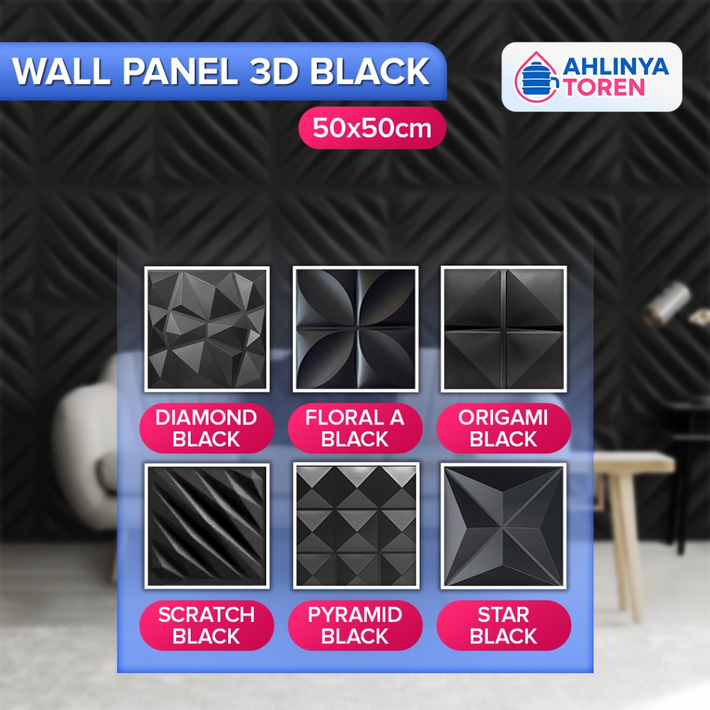 Wall Panel 3D PVC 50x50 Wallpaper Desain Interior Rumah Black Series