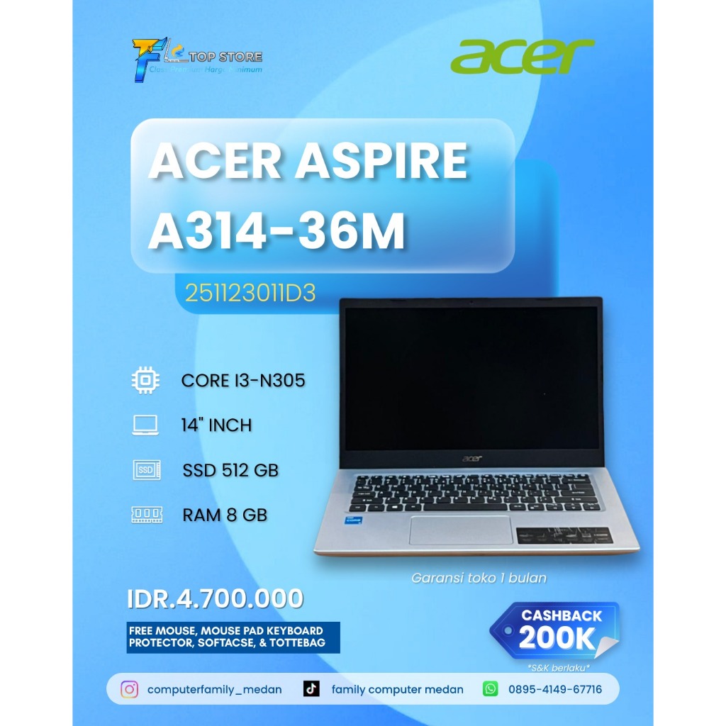 LAPTOP ACER ASPIRE A314-36M INTEL CORE I3-N305 RAM 8GB SSD 512GB