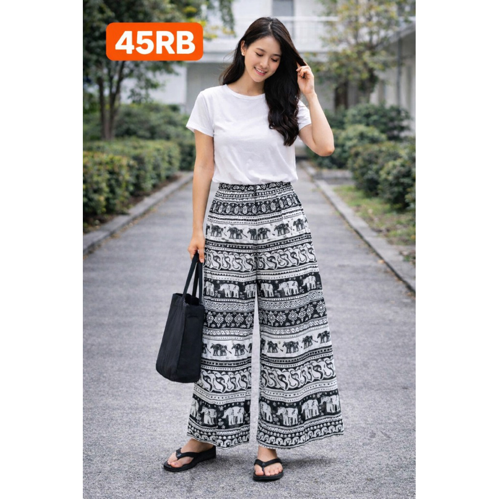Celana Kulot Wanita Pria Motif Gajah Etnik Hitam Putih | Kulot Santai Adem All Size
