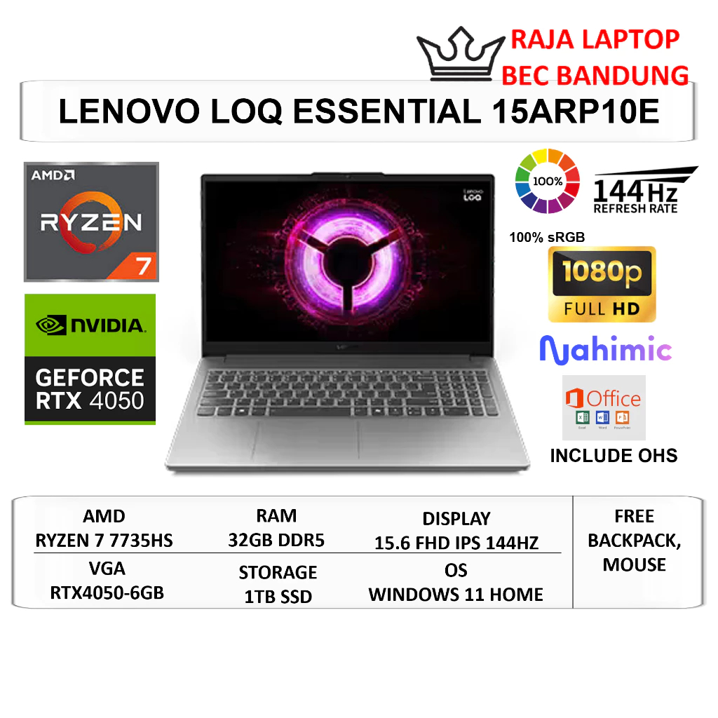 Laptop Lenovo LOQ Essential 15ARP10E Ryzen 7 7735HS 32GB DDR5 1TB SSD 15.6" FHD IPS 144Hz 100% sRGB
