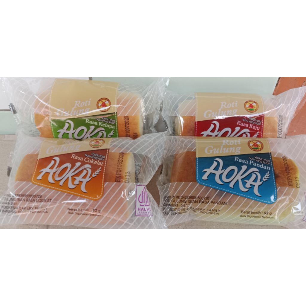 Roti Gulung Panggang Aoka 52gr Rasa Keju, Cokelat, Pandan, Kelapa