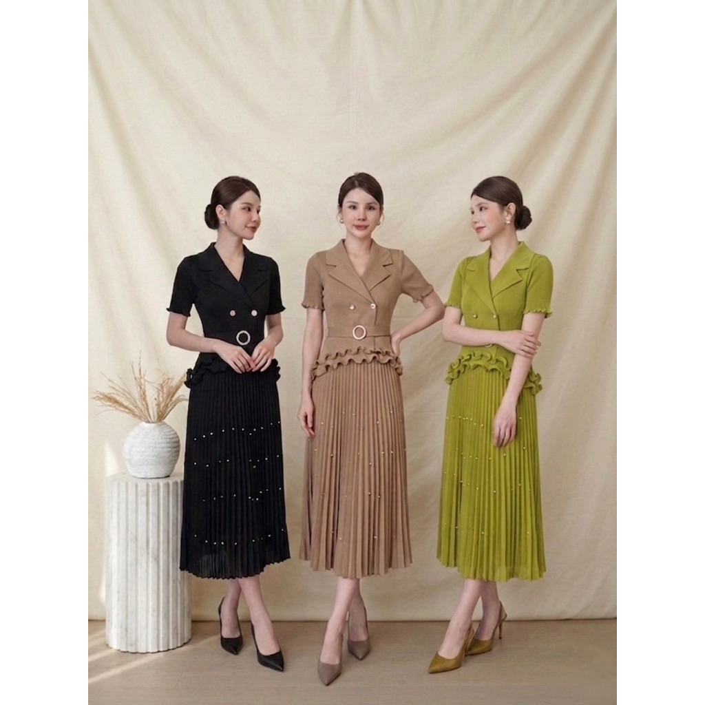 Laudofficial Alana Issey Dress /Midi Dress Prisket Wanita Lengan Pendek Rok Mutiara