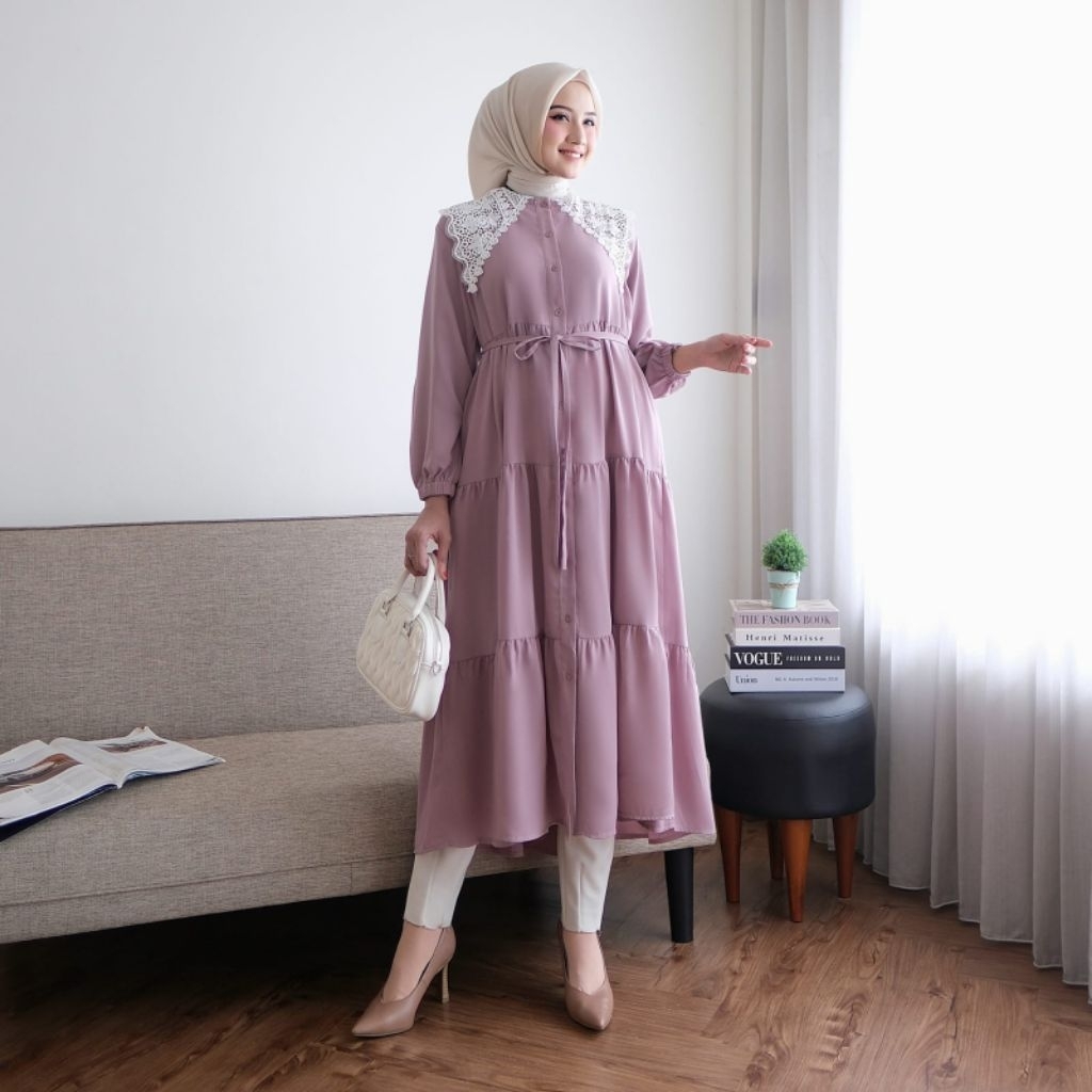 Midi Dress Polos Korean Look Renda Kerah Paulista Import