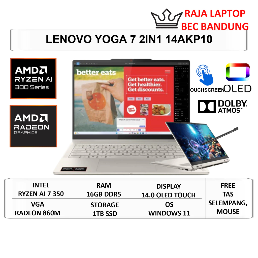 Laptop LENOVO Yoga 7 2in1 14 OLED Ryzen AI 350 16GB DDR5 1TB SSD 14" WUXGA OLED Touchscreen Win11