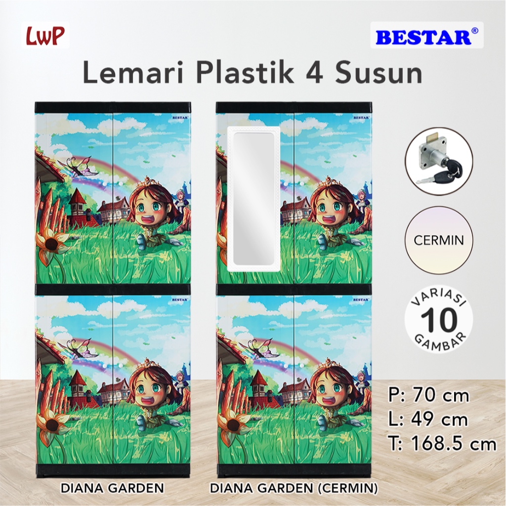 BESTAR Lemari Plastik 4 Susun Kunci Cermin Karakter Anak Kartun Minimalis