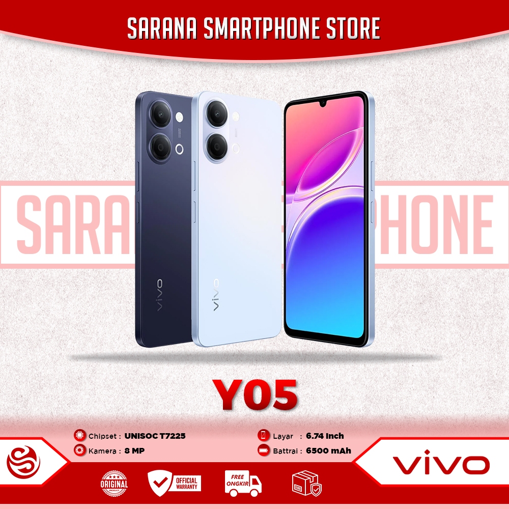 VIVO Y05 4G 4/64GB 4/128GB Garansi Resmi, 6500 mAh, 8 MP, LCD 6.74 inci, UNISOC T7225, HP satu jutaa