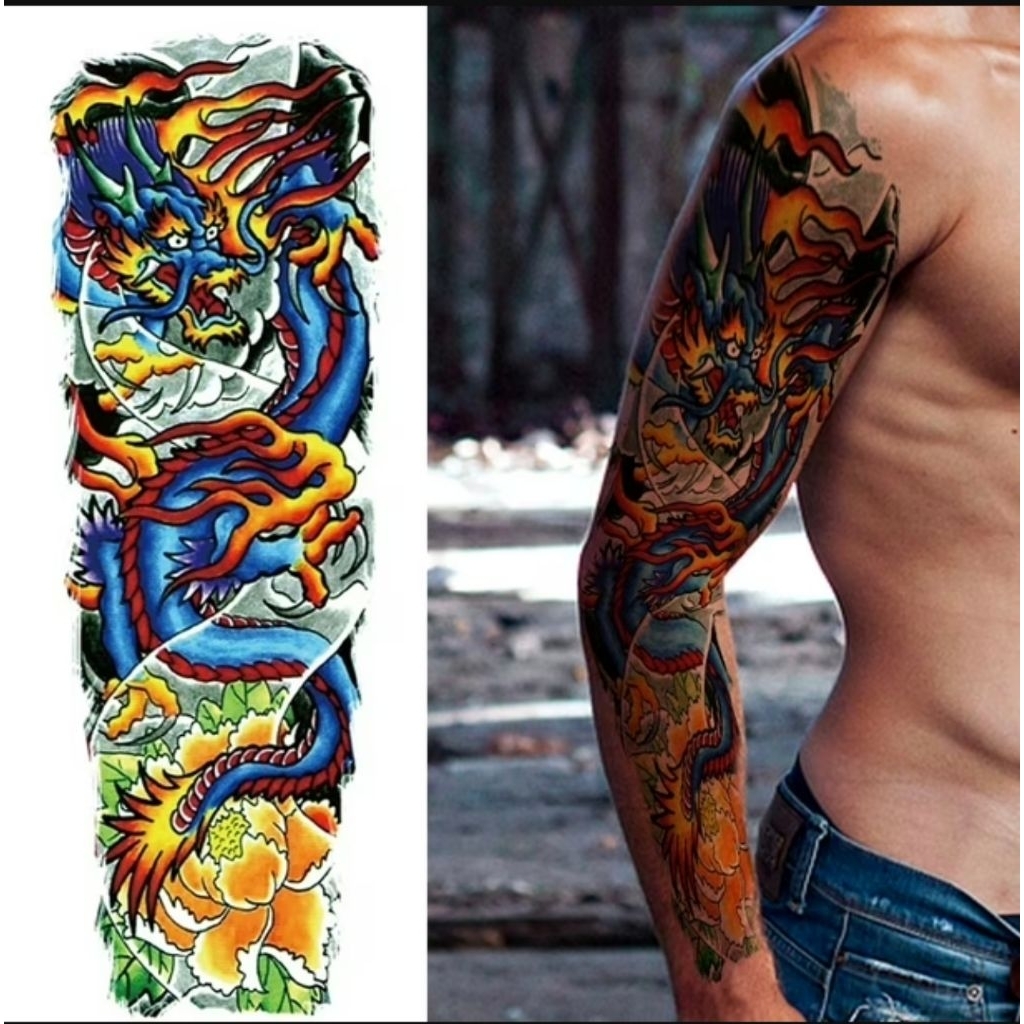 Tato Temporer Tattoo Tatto Temporary Full Lengan Tangan Panjang Naga Biru Tahan Air Sementara AC-041
