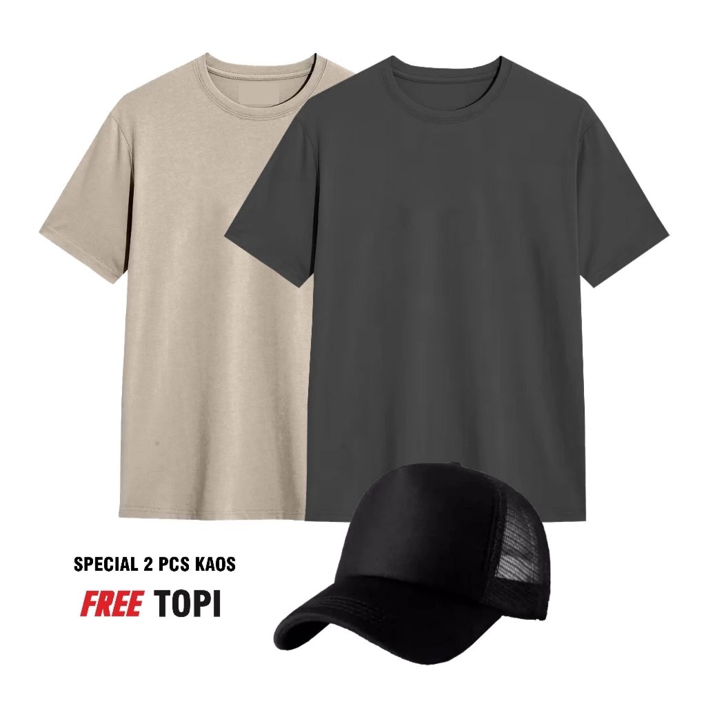 Bundling 2 Pcs Free Topi (COD) Kaos Polos Cream-Abu Tua Kaos Pria-Wanita Terbaru Premium Quality