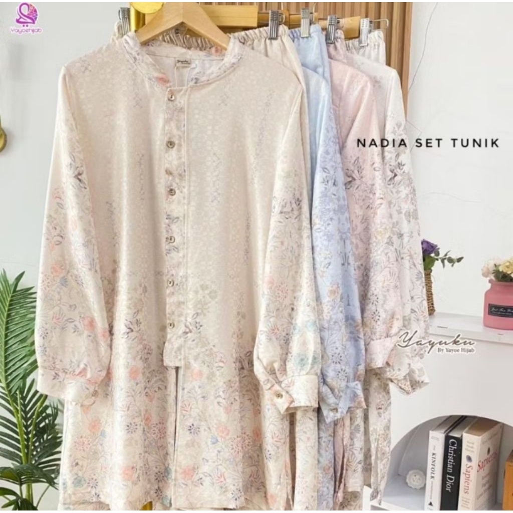 Nadia Set Tunik Setelan Wanita Lebaran Kekinian Motif Floral Kondangan Busui Friendly Elegant Mewah 