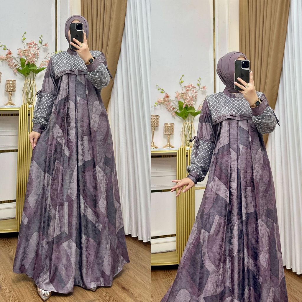 Gamis Slavina Dress Muslim Wanita Model Simpel Elegan Bahan Julia Print Motif Premium Baju Kondangan