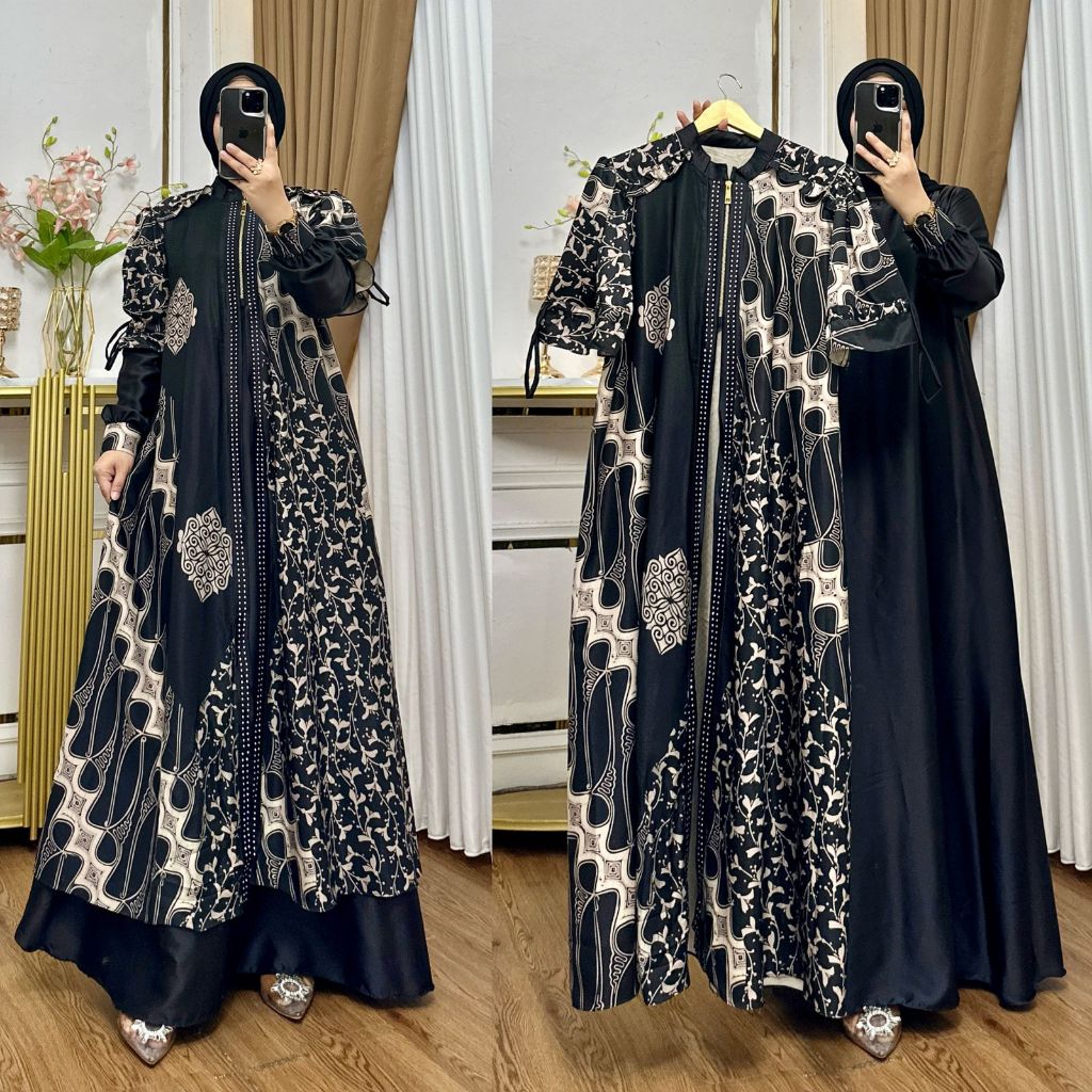 Gamis Rompi Lepas Motif Batik Mewah Elegan Dress Muslim Wanita Modern Bahan Biba Dolby Print Terbaru