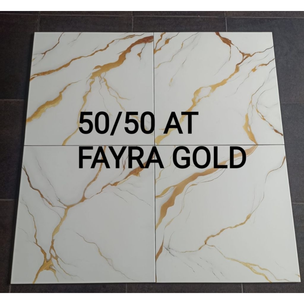 Asia Keramik Fayra Gold 50x50 Glosy - Keramik Lantai Putih Motif Marmer Murah Meriah