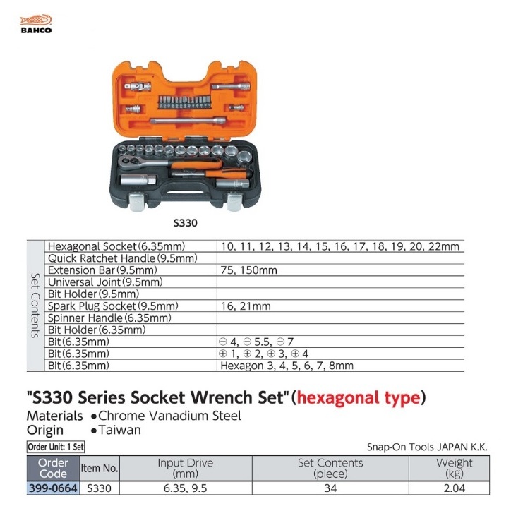 BAHCO S330 Series Socket Wrench Set 6Pt 34 Pcs 6.35mm 9.5mm Drive