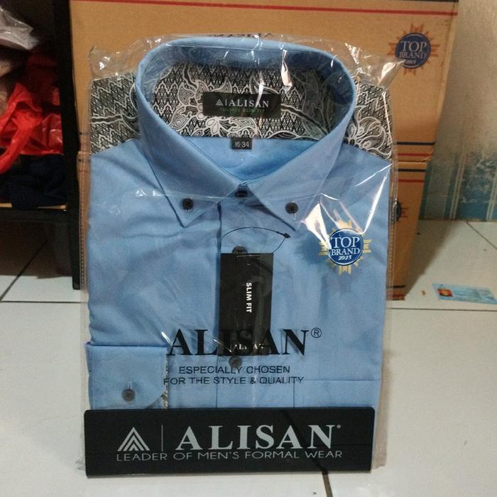 Kemeja Alisan polos kombinasi pundak batik lengan panjang slimfit - Biru