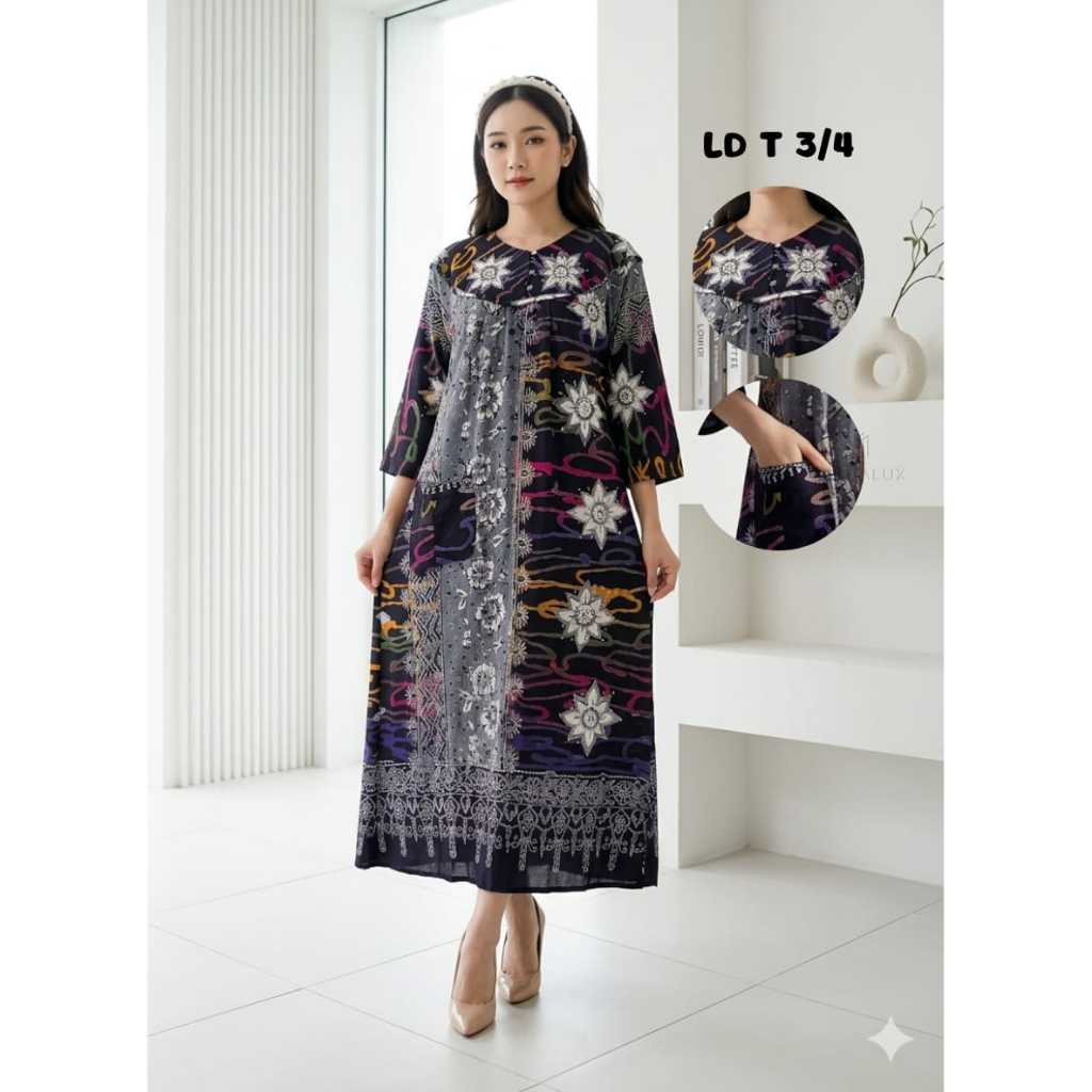 Longdress Daster Panjang Semata Kaki Lentera Batik Busui Kancing Tangan 3/4 Motif Sunan Bunga Rayon 