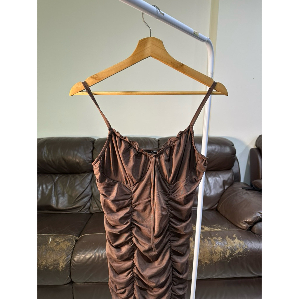 [PRELOVED/BEKAS] MINI DRESS RUFFLES BROWN GAUN PESTA WANITA