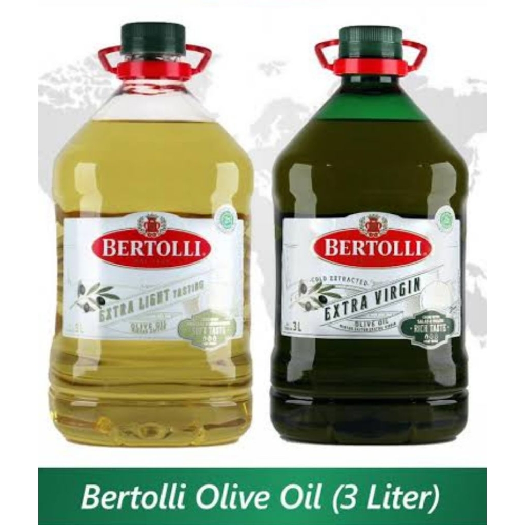 Minyak zaitun Bertolli dalam botol 3 liter.