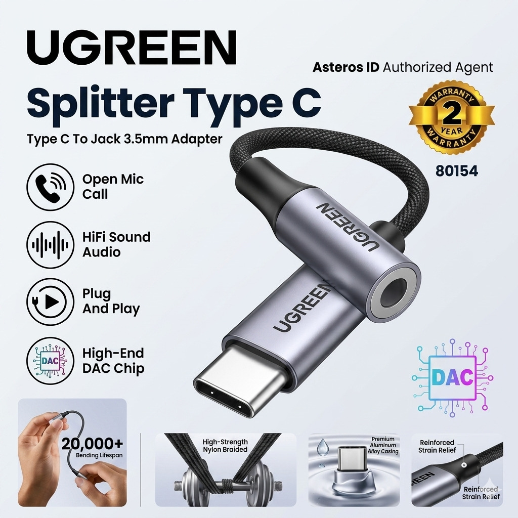 UGREEN Converter Splitter Type C To Jack 3.5mm For Oppo Mi Realme Vivo Audio, Call - 80154