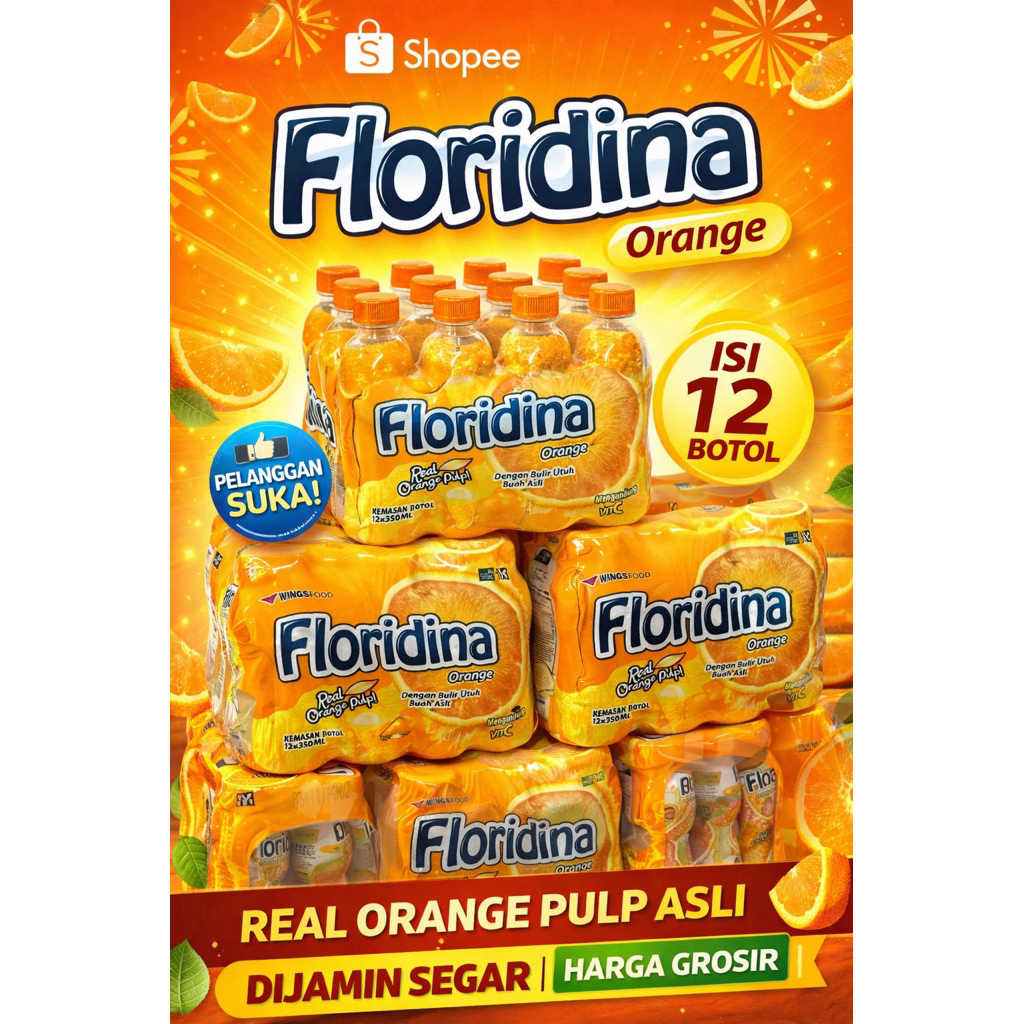 Floridina Orange 350ml Isi 12 Botol | Minuman Jeruk Segar Pulpy | Ready Stock Harga Grosir