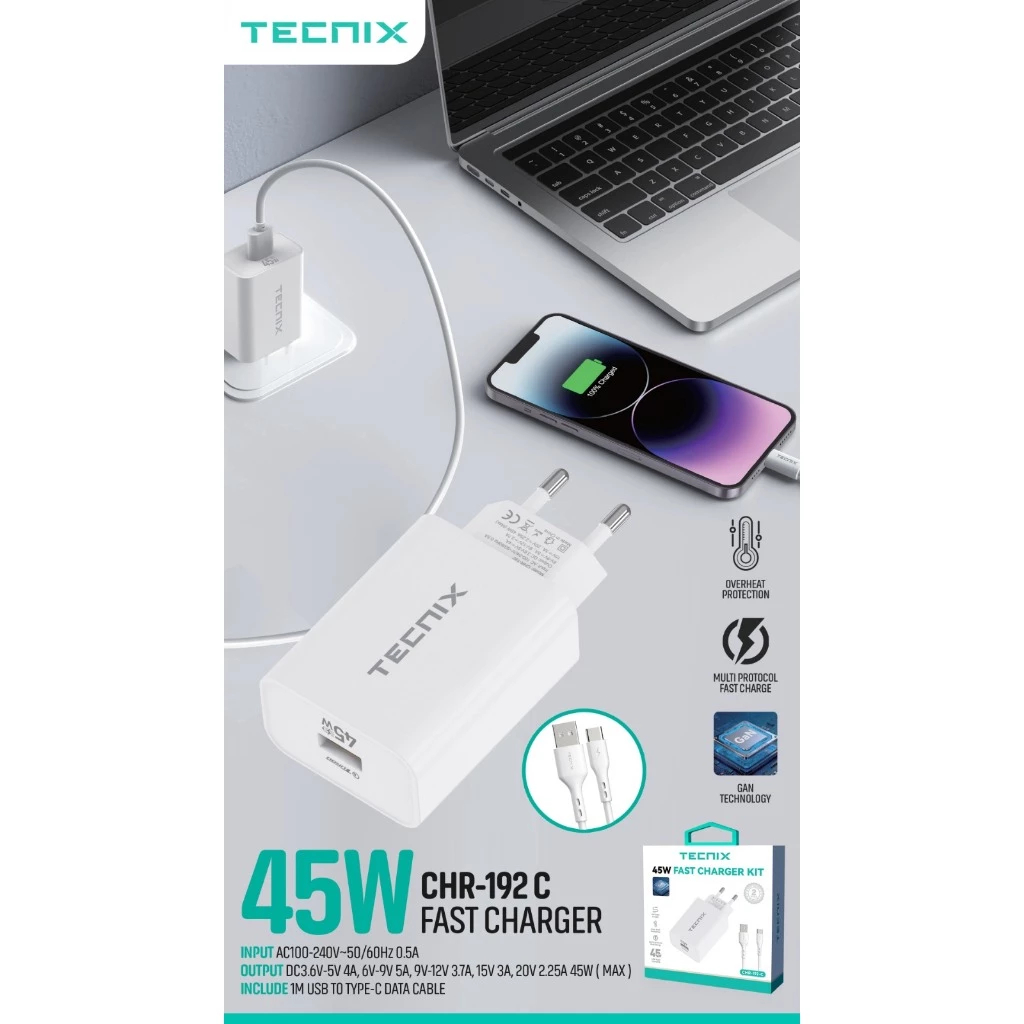TECNIX CHR-192-C Kepala Charger Set USB to C GaN 45W Fast Charging Adapter Charger PD 45w Kabel USB 
