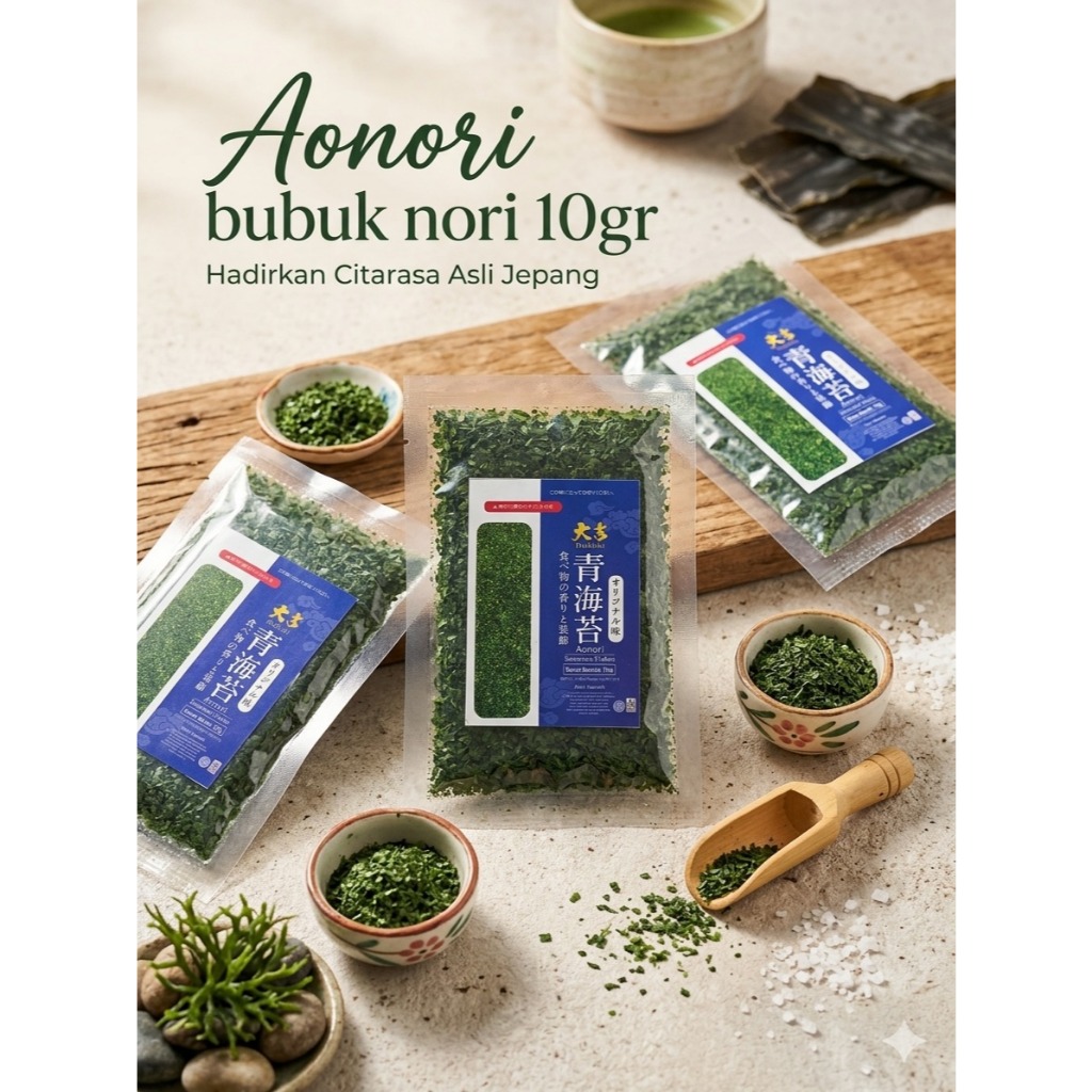 10 GR Aonori Seaweed Powder Halal – Bubuk Nori Jepang Asli untuk Takoyaki, Okonomiyaki & Snack