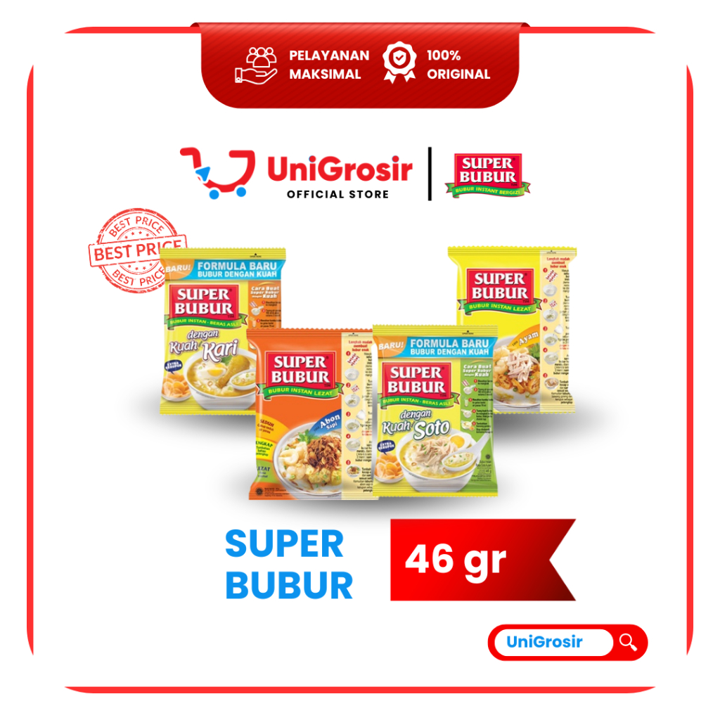 [UniGrosir] SUPER BUBUR INSTAN AYAM 45 GR ABON SAPI 49 GR KUAH SOTO DAN KARI 46 GR BUBUR